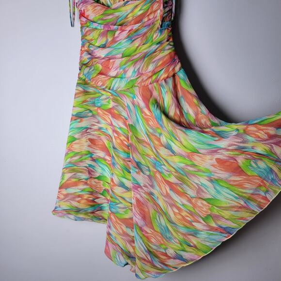 VTG Y2K ABS Allen Schwartz Rainbow Swirl Ruched Dress Handkerchief Hem Size 2 - Picture 10 of 13